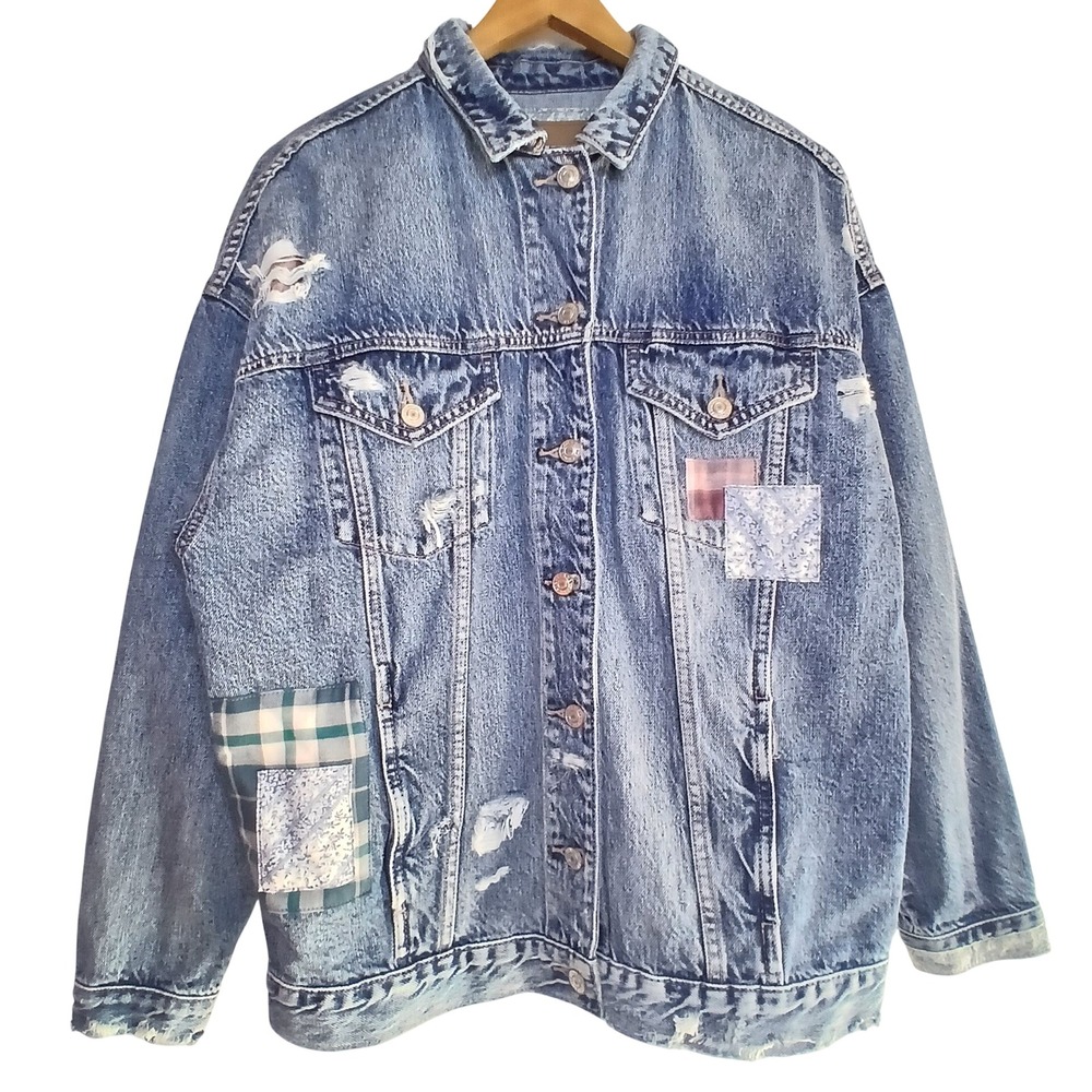 American Eagle 90s Boyfriend Patchwork Denim Jacket Women M Y2K Grunge Oversized